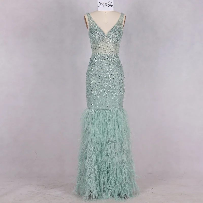 Luxury Green Sequin & Feather Mermaid Prom Gown Evening Dress