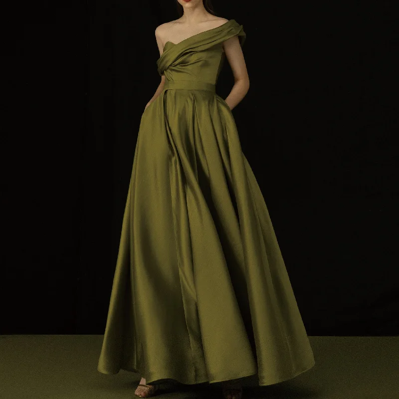 Off Shoulder Olive Formal Dress Satin Prom Party Gown