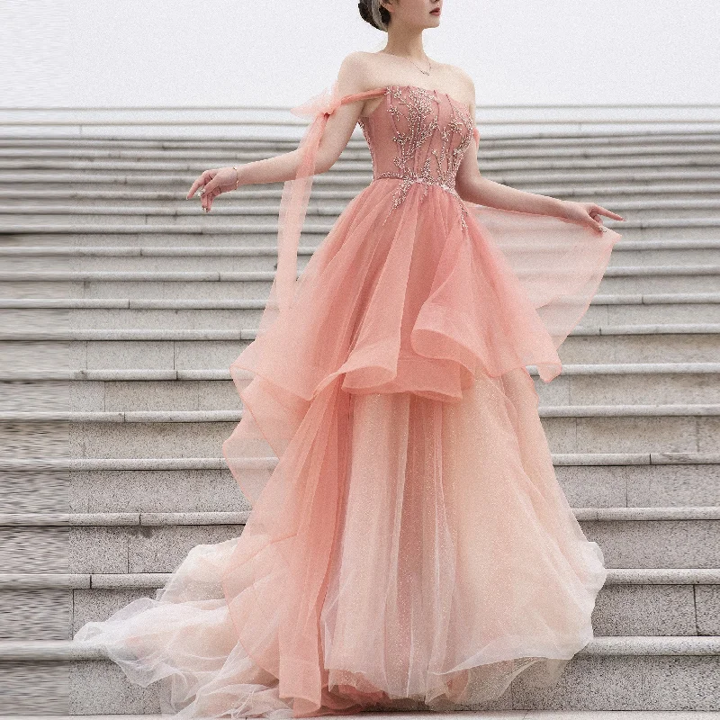 Peach A-line Evening Dresses Party Gowns with Flowy