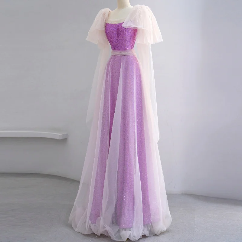 Purple Evening Dresses with Square Neck and Long Sleeve