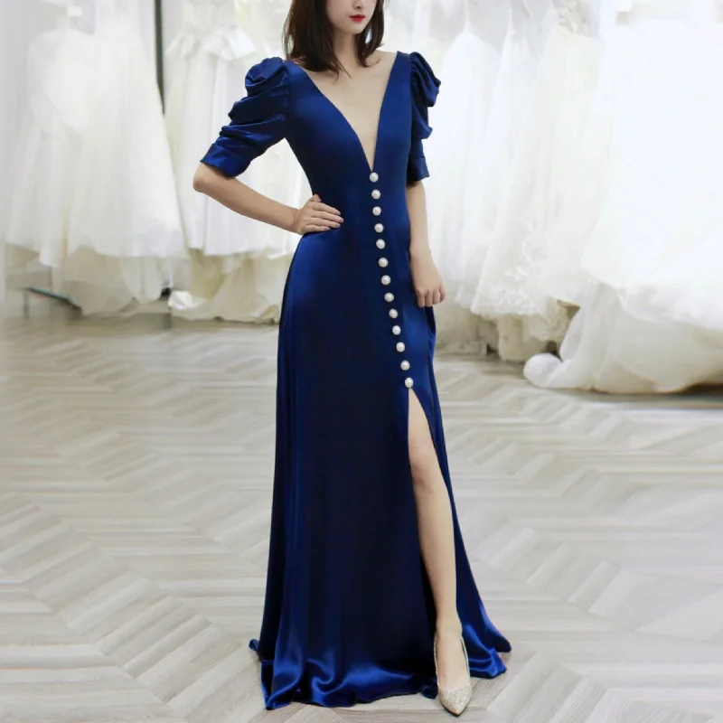 Sexy Deep Vneck and High Leg Slit Prom Dress Party Gown with Sleeve