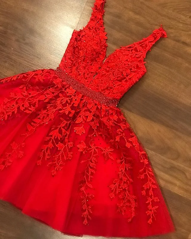 Sexy Short V-neck Red Lace Prom Dresses Cheap Party Dress