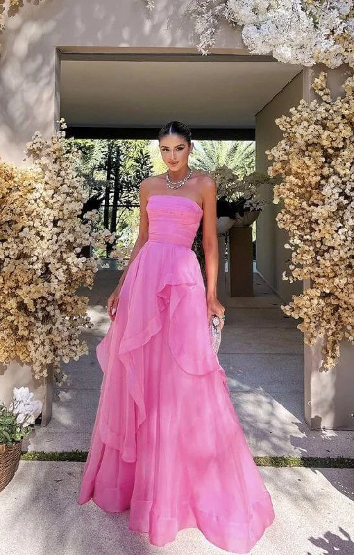 Simple A Line Tulle Ruffle Pink Prom Dresses Strapless Modest Formal Evening Dresses