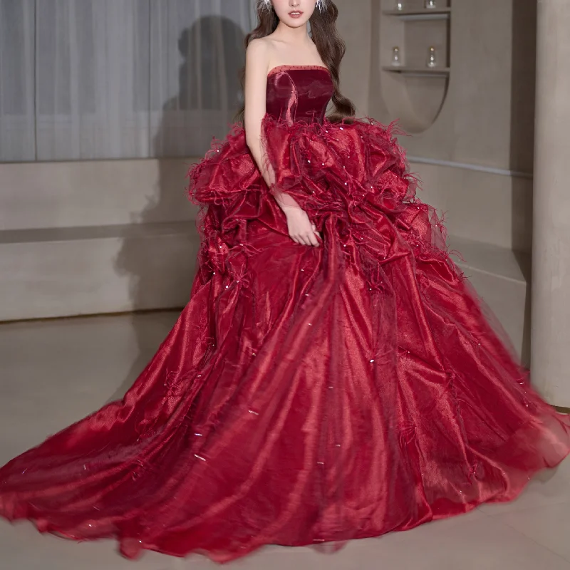 Strapless Crimson Formal Dresses Evening Gowns with Feathers