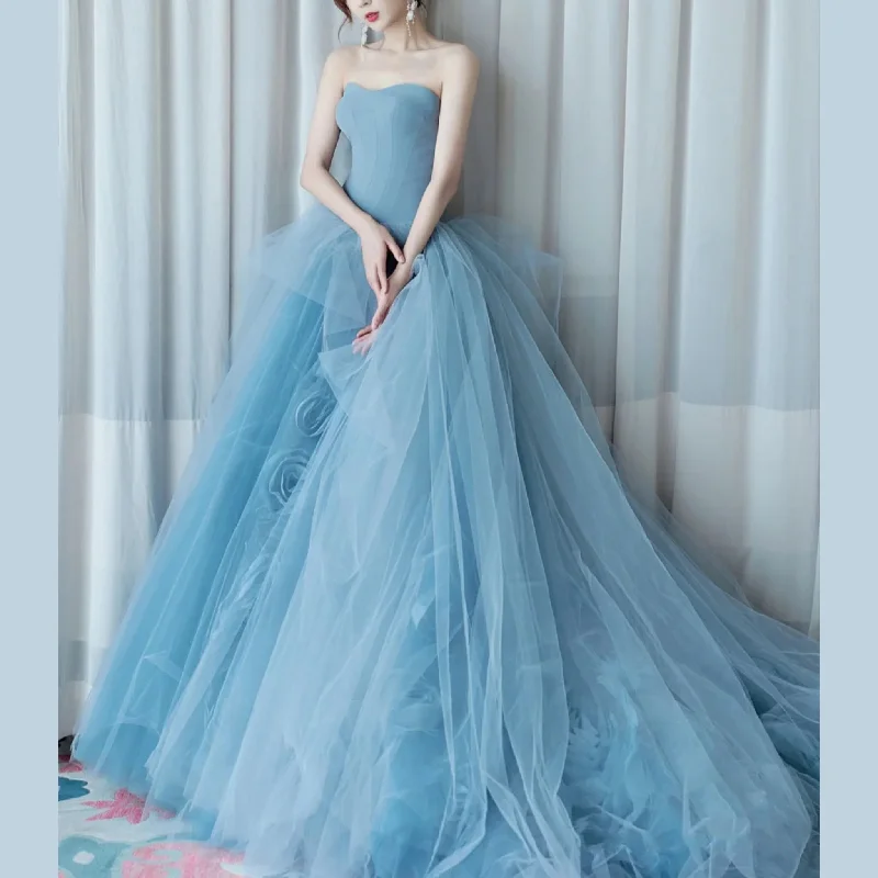 Strapless Sky Blue Ball Gown Evening Dress Prom Party Gown