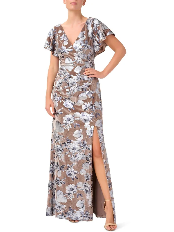 Womens Velvet Floral Evening Dress