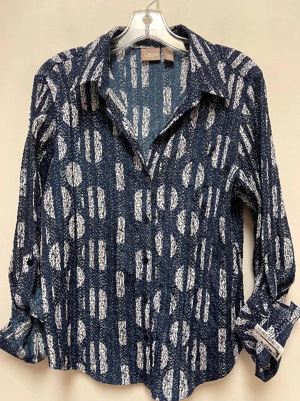 Blouse Long Sleeve By Chicos In Blue & White, Size: M