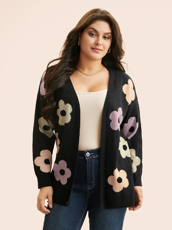 Contrast Floral Drop Shoulder Cardigan