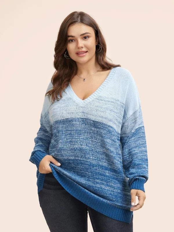 Cotton V Neck Ombre Split Hem Pullover