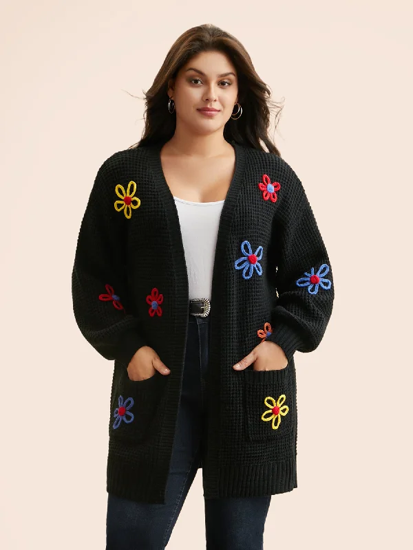 Crochet Floral Puff Sleeve Pocket Cardigan