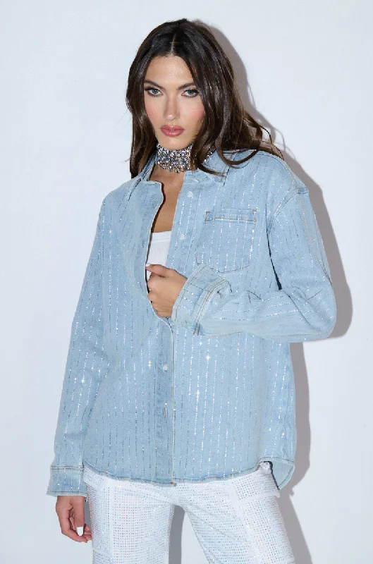 EFFORTLESS GLAM RHINESTONE STRIPE DENIM BUTTON DOWN