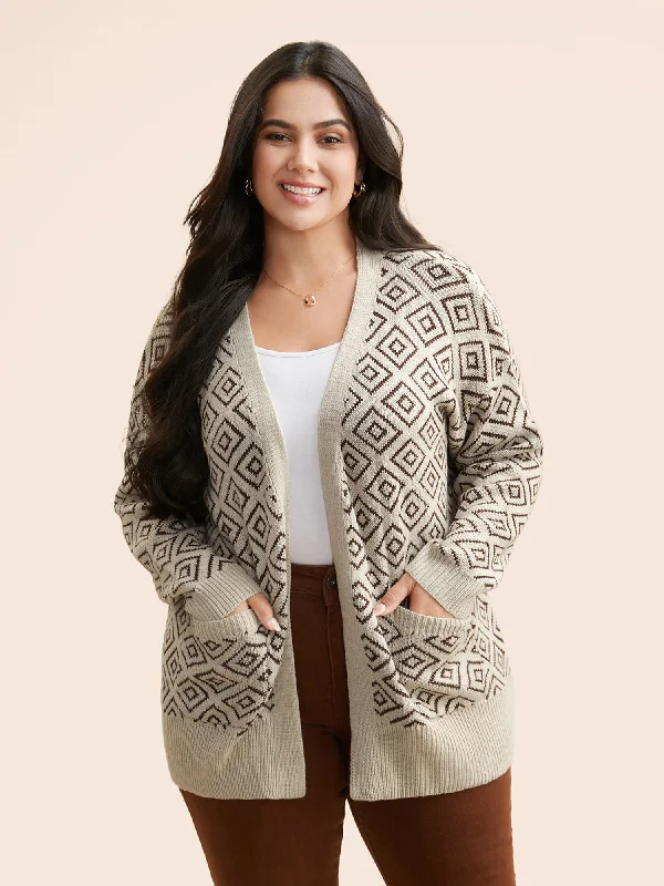 Geometric Drop Shoulder Patch Pocket Cardigan