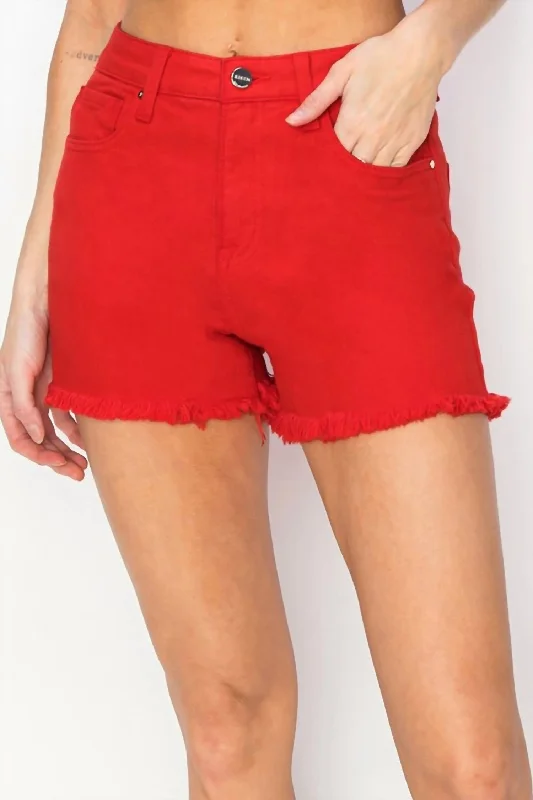 Tummy Control High Rise Fray Hem Shorts In Red